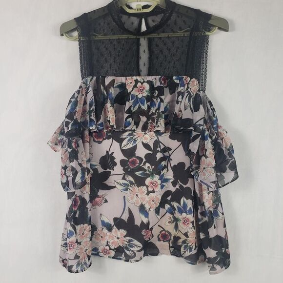 Guess Blouse Womens XL Pink Floral Sheer Mesh Ruffle Overlay Keyhole Lace Top - Picture 1 of 13
